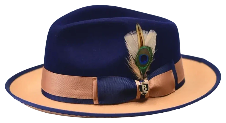  Bruno Capelo Men's Pinch Front Two-Tone Fedora Hat in Navy and Camel Brim - PE-997 