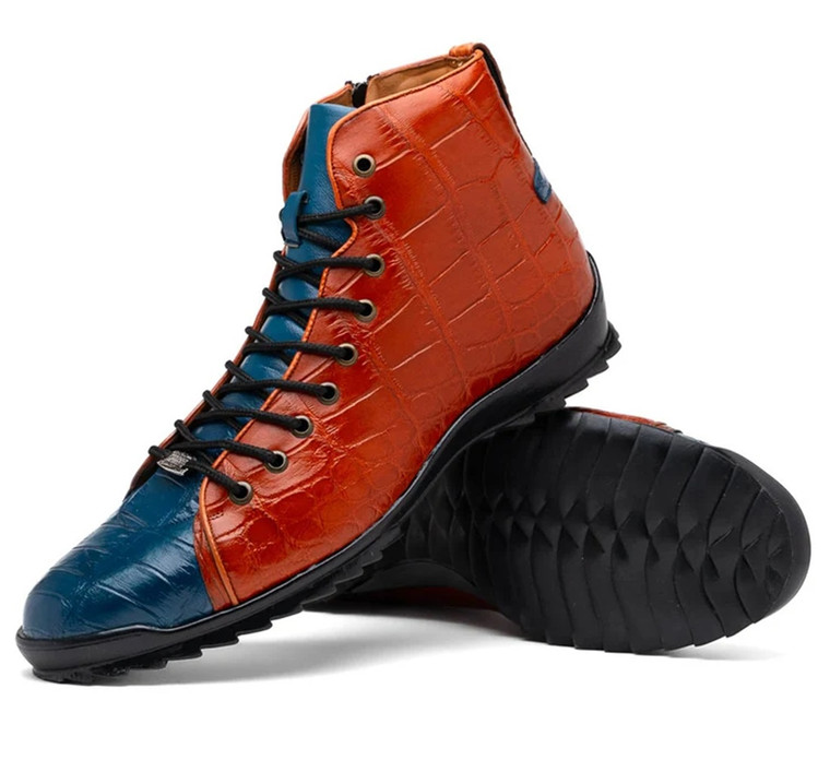 Milano Genuine Alligator Lace Up Designer Boots Blue/ Cognac Hermond