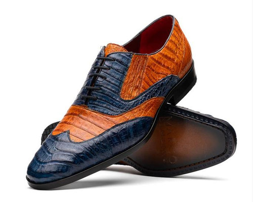 Marco di Milano Mens Alligator Wingtip Shoes Cognac Blue Luciano