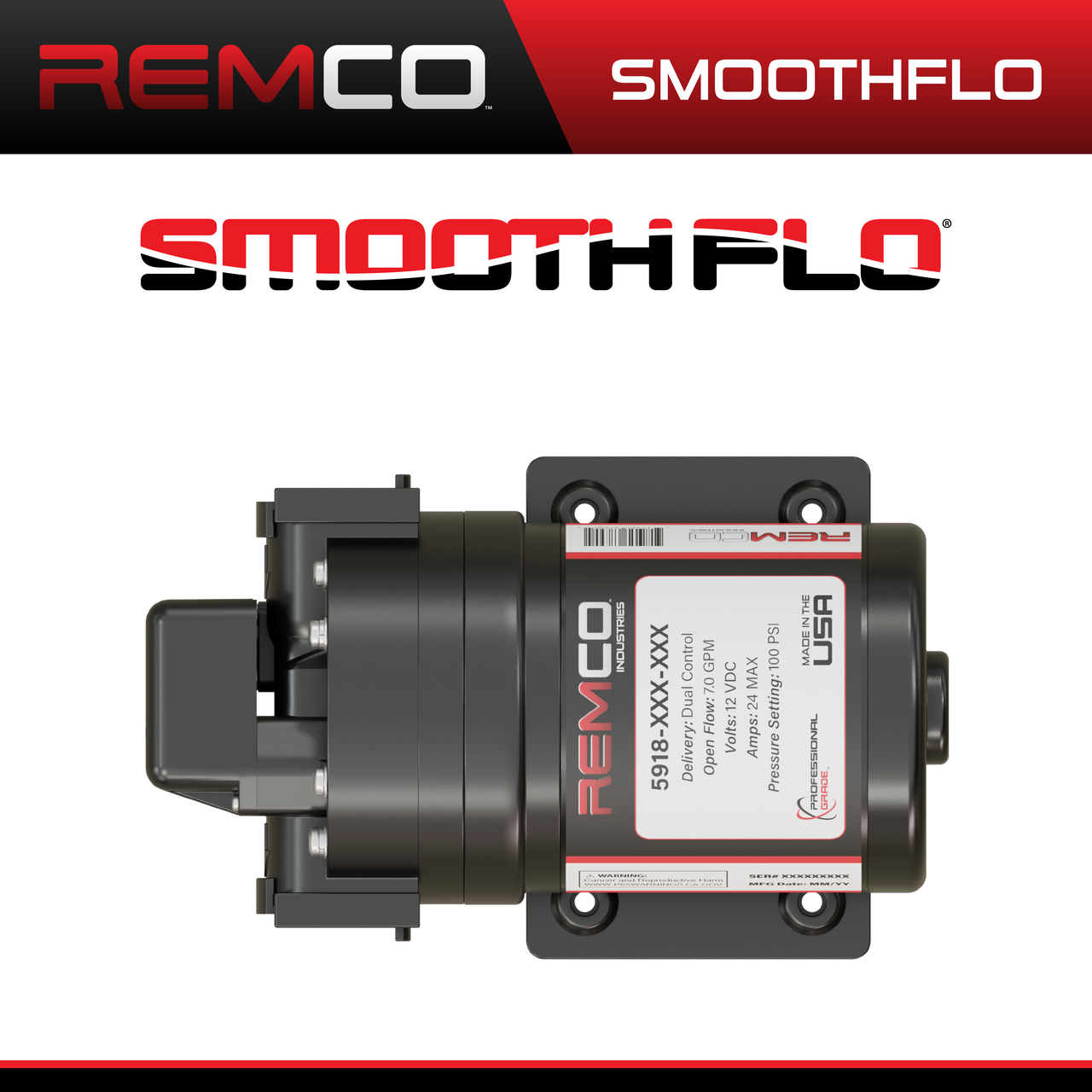 Remco Professional Grade Fatboy SmoothFlo Series, 7.0 GPM, 100 PSI, Flo-IQ, 12 VDC Bleach & Sprayer Pump with 3/4" QA Ports