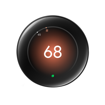 Nest Learning Thermostat Polished Obsidian front view set to 68 degrees heat Nest Learning Thermostat Polished Obsidian front view set to 68 degrees heat