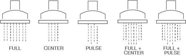 infographic of a showerhead 5 sprat setting: full, center, pulse, full plus center and full plus pulse