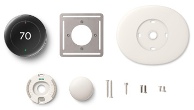 Included items: Thermostat display / Thermostat base / Trim plate / Steel plate / Mounting screws and wiring labels / Nest Temperature