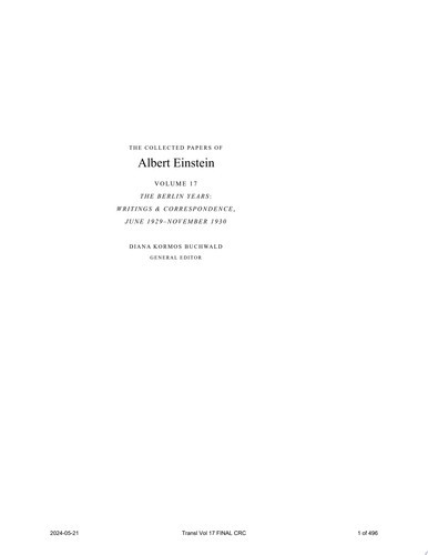 The Collected Papers of Albert Einstein, Volume 17 (Translation Supplement)
