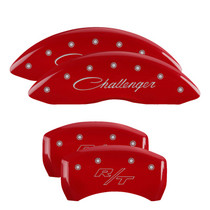 MGP 12001SCLRRD - 4 Caliper Covers Engraved Front Cursive/Challenger Engraved Rear RT Red finish silver ch