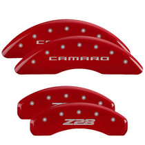 MGP 14011SZ85RD - 4 Caliper Covers Engraved Front Gen 5/Camaro Engraved Rear Gen 5/Z28 Red finish silver ch