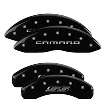 MGP 14036SCS5BK - 4 Caliper Covers Engraved Front Gen 5/Camaro Engraved Rear Gen 5/SS Black finish silver ch