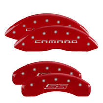 MGP 14036SCS5RD - 4 Caliper Covers Engraved Front Gen 5/Camaro Engraved Rear Gen 5/SS Red finish silver ch