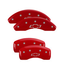 MGP 14246SBOWRD - 4 Caliper Covers Engraved Front & Rear Bowtie Red Finish Silver Char 2019 Chevrolet Bolt EV