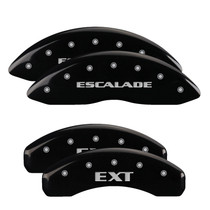MGP 35015SEXTBK - 4 Caliper Covers Engraved Front Escalade Engraved Rear EXT Black finish silver ch