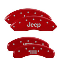 MGP 42019SJPLRD - 4 Caliper Covers Engraved Front Jeep Rear Grill Logo Red Finish Silver Char 2019 Jeep Wrangler