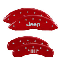 MGP 42020SJPLRD - 4 Caliper Covers Engraved Front JEEP Engraved Rear JEEP Grill Logo Red Finish Silver Characters