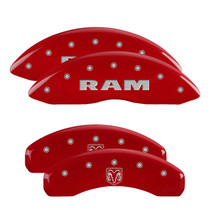 MGP 55005SRMHRD - 4 Caliper Covers Engraved Front & Rear 2019 Ram 1500 Red Finish Silver Ram/Ram Head Logo