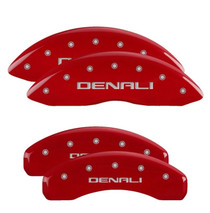MGP 34221SDNLRD - 4 Caliper Covers Engraved Front &amp; Rear Denali Red finish Silver Engraved