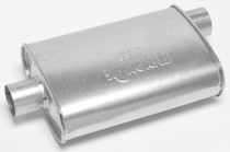 Dynomax 17730 - Muffler - Super Turbo - 2 in Offset Inlet - 2 in Center Outlet - 14 x 4-1/4 x 9-3/4 in Oval - 18-1/2 in Long - Steel - Aluminized - Universal - Each