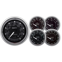 AutoMeter 9708 - Chrono 3-3/8in &amp; 2-1/16in Gauge Kit (5pc) w/Electric Speedometer - Chrome