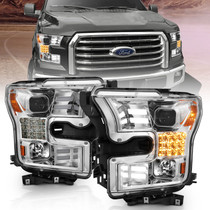 Anzo 111409 - 15-17 Ford F-150 Proj Headlights w/ Plank Style Design Chrome w/ Amber Sequential Turn Signal