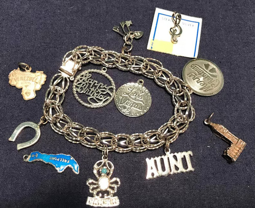 AUNT, Cancer, Merry Christmas, keys and a heart, and a horseshoe . There are also 6 loose charms included in this lot. They are Big Ben, Happy Birthday, Las Vegas, Rhode Island, Venezuela and a treble clef