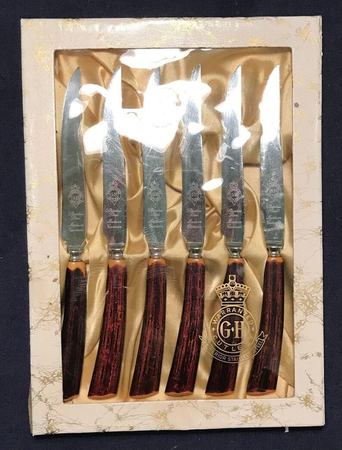 6 Bakelite knives Boxed set of faux horn antler wood cutlery flatware Catalin