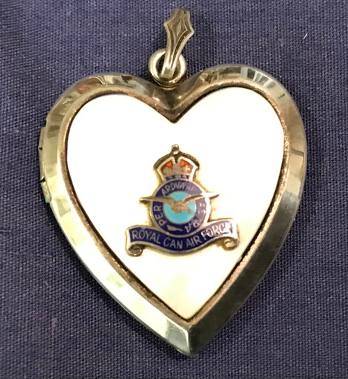Front view of a WW2 RCAF Royal Canadian Air Force Sterling Silver, MOP and Enamel Sweetheart Heart locket