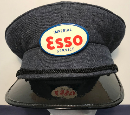 Imperial Esso Products Celluloid Gas Jockey's Cap Badge on vintage NOS Cap hat