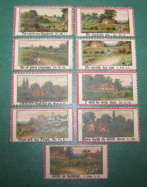 Victorian Sunday School Award Cards C1890 Pastoral Country Scenery - Postage stamp size
