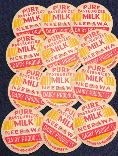 MILK CAPS 12 vintage Neepawa Manitoba Dairy farm pogs MILK CAPS 12 vintage Neepawa Manitoba Dairy farm pogs