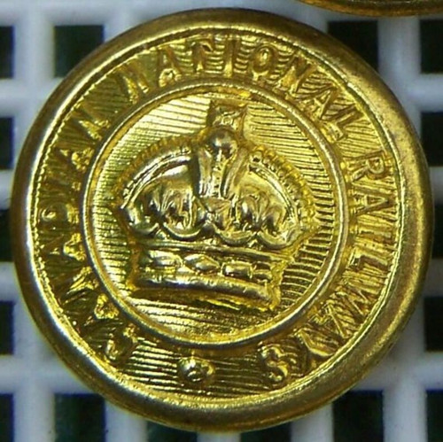 Canadian National Railways Button Brassy Gold uniform Cuff Hat Collar button - KING'S CROWN - CNR railroad lines