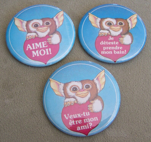 3 Gremlins MOGWAI Gizmo Buttons love - 1984 originals Gremlin in French en Francais