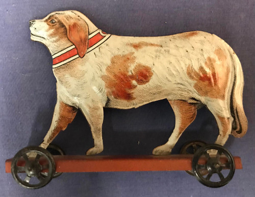 Early tin litho DOG hound wheel pull toy France