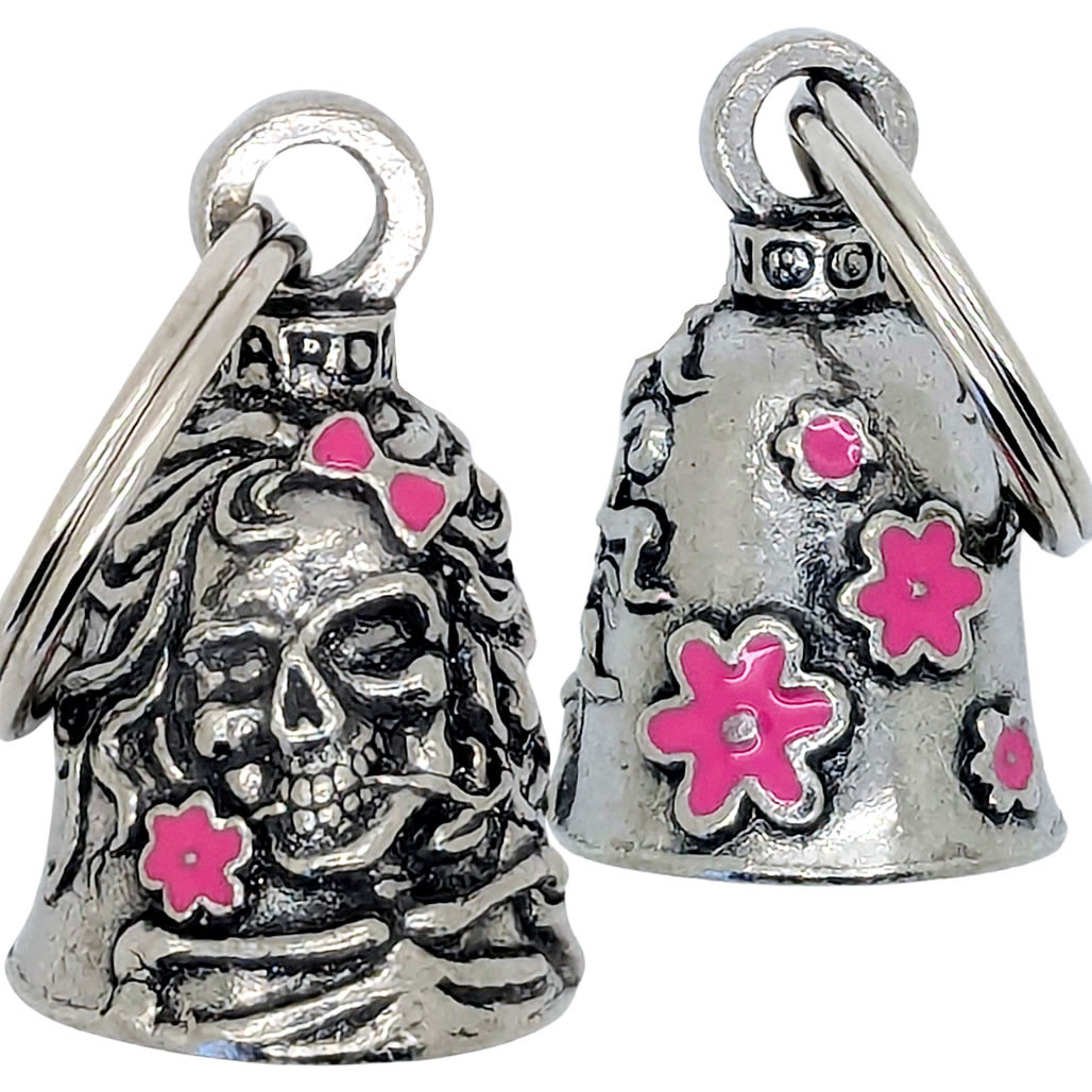 Lady Skull (Pink Enamel) Guardian Bell For Motorcycles - Fits Harley, Honda, Etc. - Good Luck Gremlin Bell (GB10000)