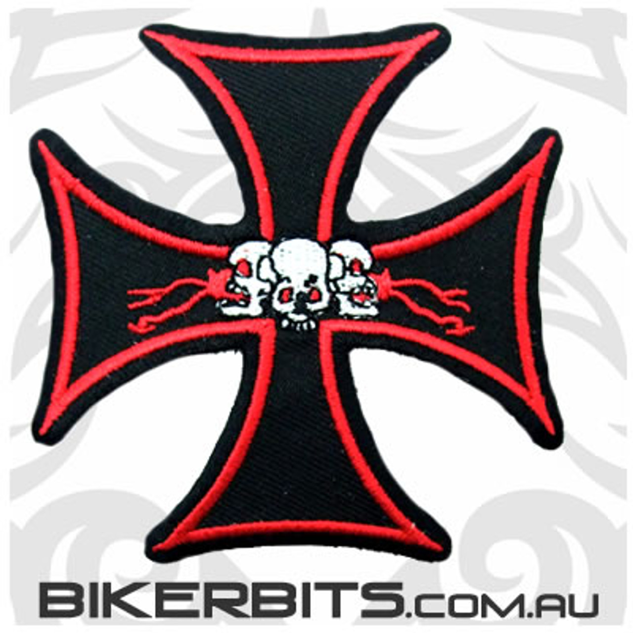 Red Outline Iron Cross With 3 Skulls Patch