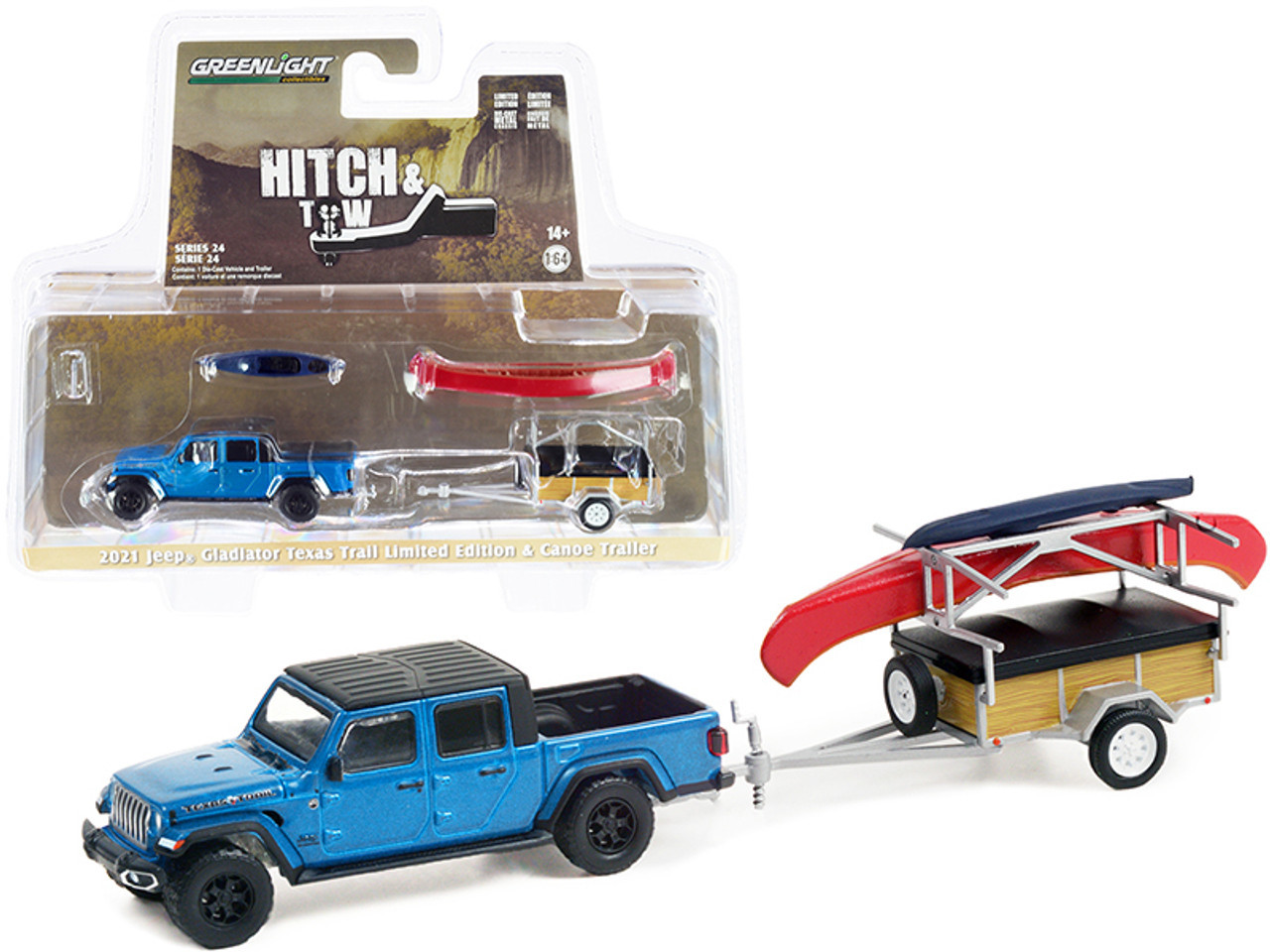 2021 Jeep Gladiator w/ Canoe Trailer & Canoe Rack, Blue - Greenlight - 1/64  scale Diecast Car