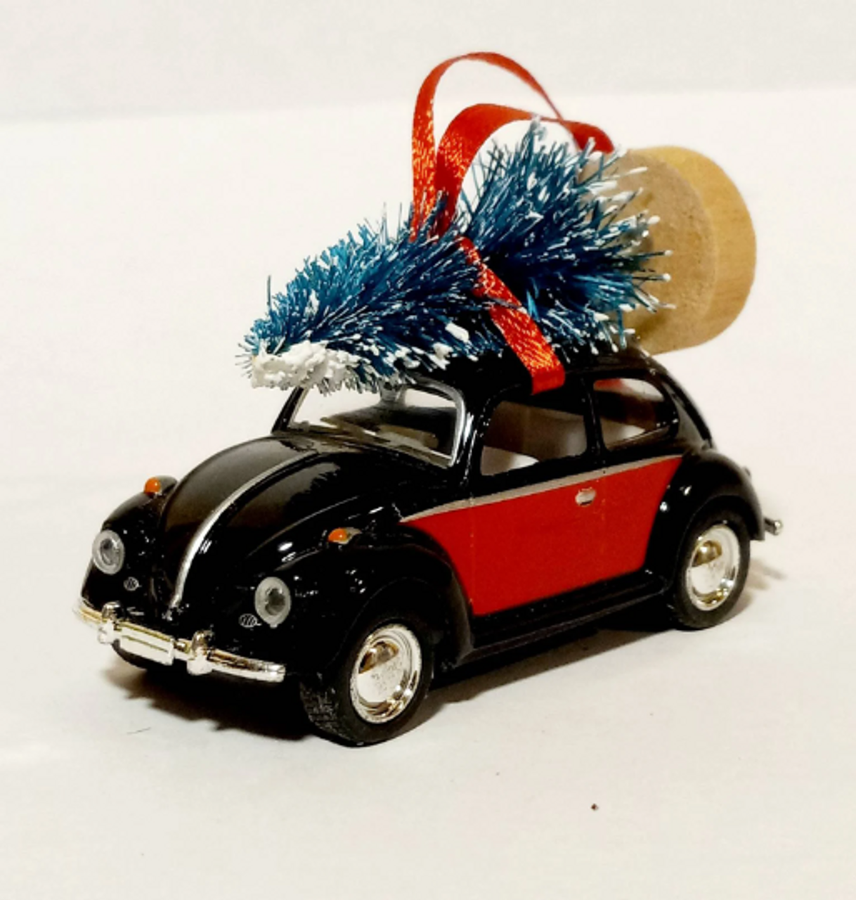 Beetle Bug Black and Red Diecast Ornament with Tree