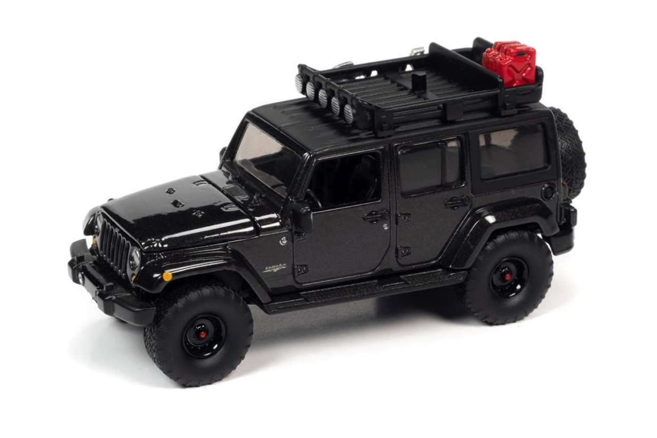 2017 Jeep Wrangler Sahara Unlimited, Gloss Black w/Roof Rack & Off Road Wheels - Auto World AW64322/48B - 1/64 scale Diecast Model Toy Car