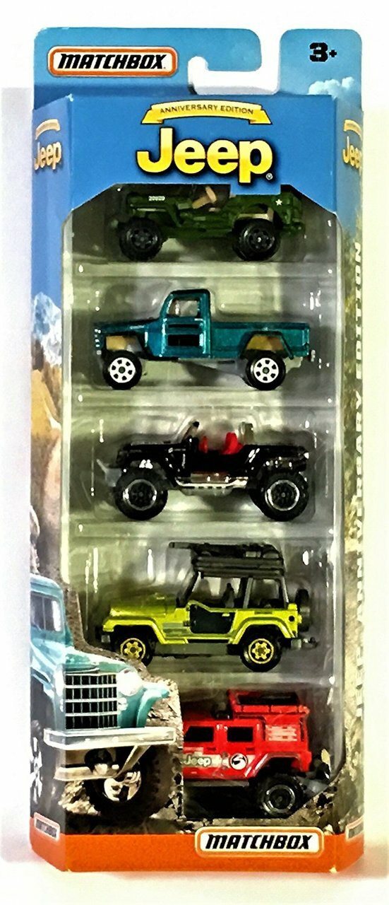 Anniversary Edition Jeep 5-Pack, 5 pack includes Jeep Willys 4X4 Pickup, '43 JEEP Willys, Jeep Hurricane Concept, '98 Jeep Wrangler and Jeep Wrangler Superlift