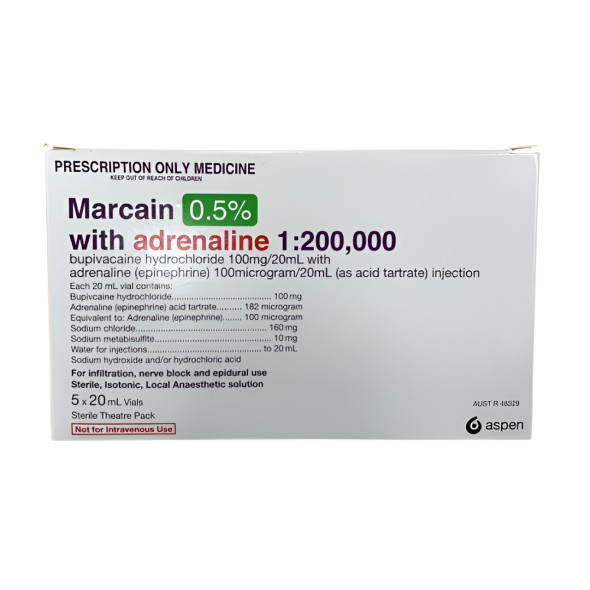 Marcain 0.5% + Adrenaline 5mg/mL SDV 5x20mL Aspen Theatre Pack