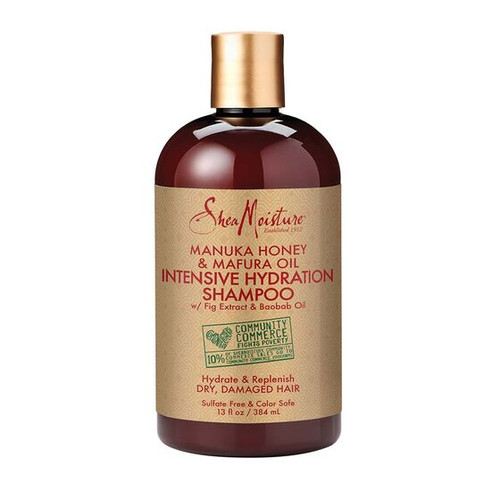 Product Details
SheaMoistures Manuka Honey & Mafura Oil Intensive Hydration Shampoo cleanses while infusing hair with intensive moisture and shine-enhancing nutrients. Certified organic Shea Butter, Honey, Mafura and Baobab are blended into a rich formulation of restorative oils to soften and revitalize hair. Antioxidant rich African Rock Fig helps boost hydration while protecting distressed hair from environmental influences. Sulfate-free.

Made with natural and certified organic ingredients.
Manuka Honey contains anti-inflammatory properties that soothe the scalp. Helps create a moisturizing barrier.
Mafura Oil contains high levels of beneficial oleic acid that help replenish oils stripped from hair.
African Rock Fig contains antioxidant-rich Vitamin C, which helps keep hair looking vibrant.
SheaMoisture Community Commerce is bigger than beauty. It’s about investing in local and global communities, about striving to eliminate generational poverty and empowering women. It’s about overserving the underserved.

Usage & Ingredients
How to Use: Apply to wet hair and gently massage into a rich lather. Rinse thoroughly. Repeat if necessary.

Ingredients: Water (Aqua), Decyl Glucoside, Sodium Lauroyl Lactylate, Glycol Stearate, Glycerin (Vegetable), Hydrolyzed Rice Protein, Panthenol, Butyrospermum Parkii (Shea) Butter, Fragrance (Essential Oil Blend), Adansonia Digitata Seed Oil, Guar Hydroxypropyltrimonium Chloride, Trichilia Emetica Seed Butter, Ficus Carica (Fig) Extract, Caprylhydroxami Acid, Caprylyl Glycol, Stearamide AMP, Aloe Barbadensis Leaf Juice, Tocopherol