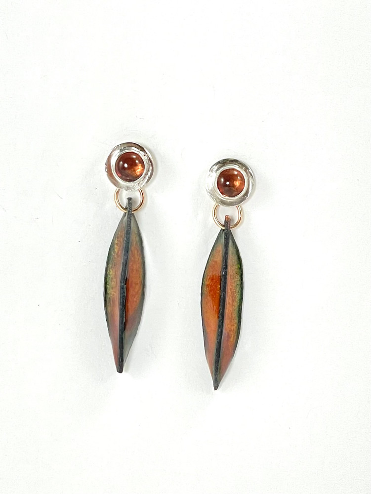 Sterling silver, tourmaline  earrings with pink/gold enamel leaf crops