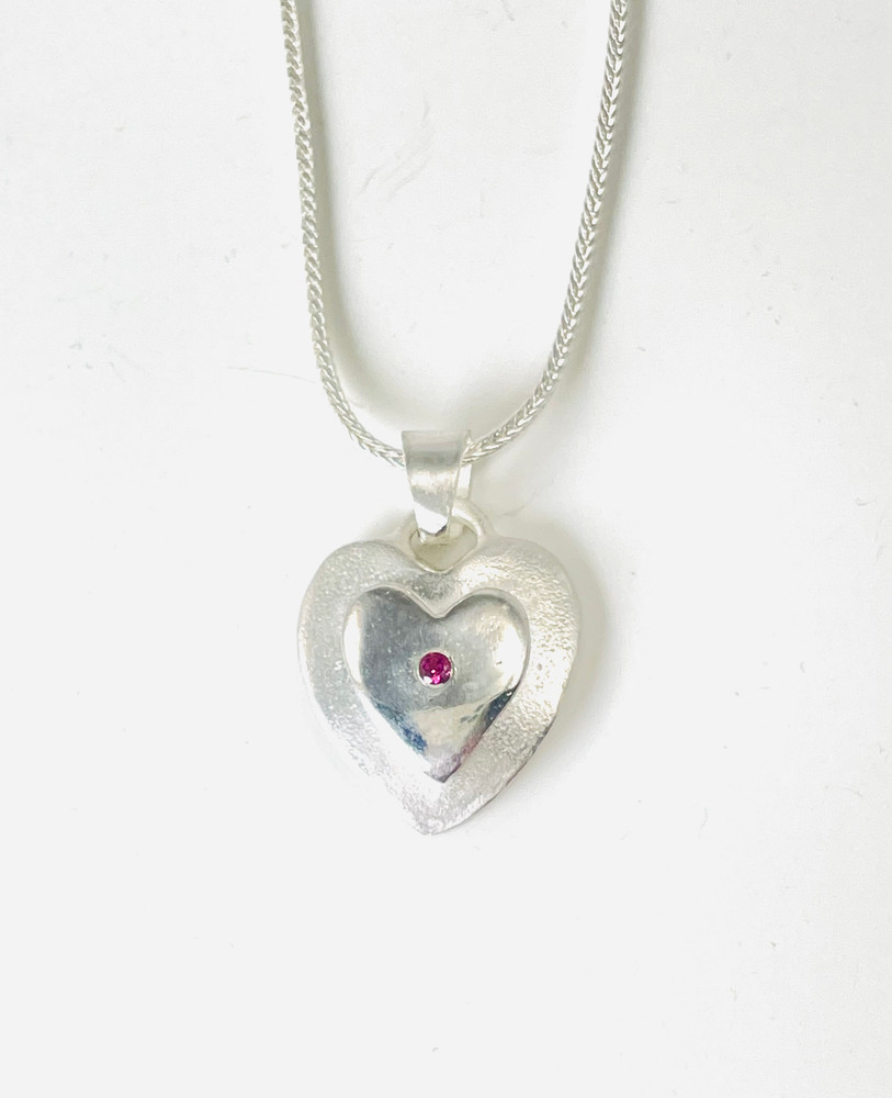 Sterling silver double heart necklace with  rhodolite garnet