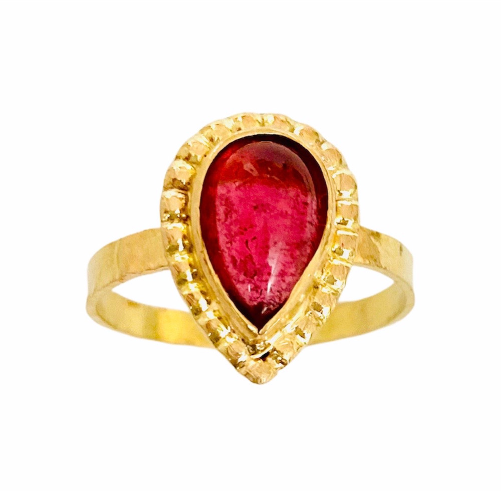 14k, 18k gold ring with pear shaped pink Tourmaline cabochon size 7