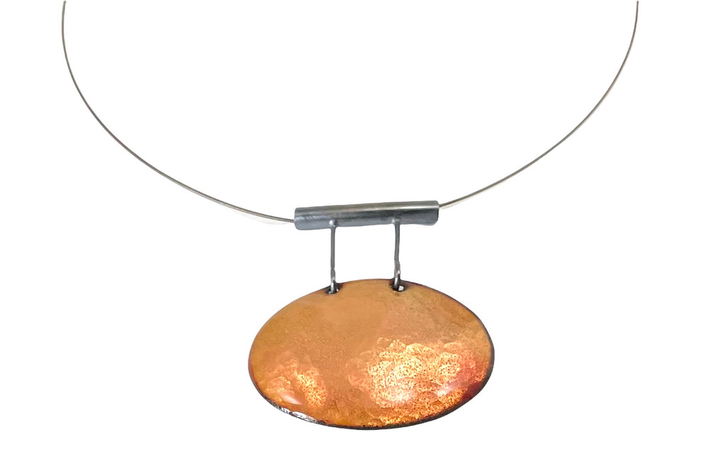 Orange/gold enamel pendant on an oxidized sterling silver neck wire