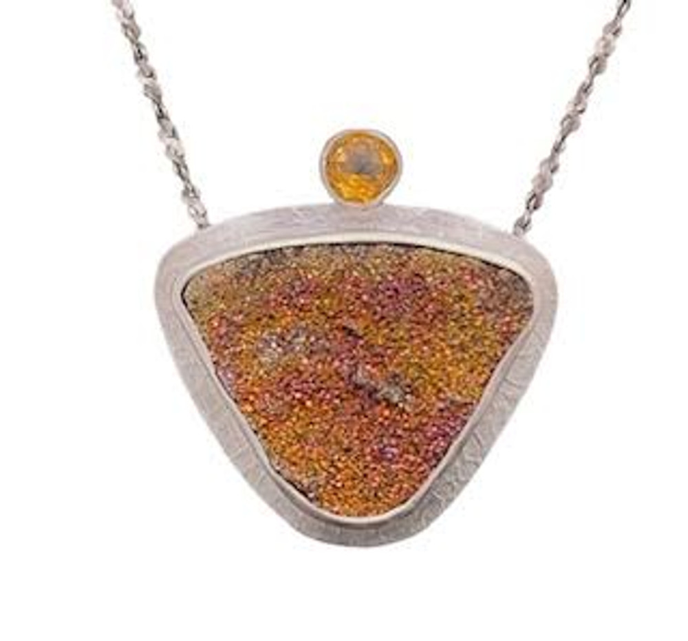 Rainbow Pyrite necklace set in fine silver bezel with citrine accent and sterling silver frame. This is a completely natural stone that comes from geodes found in Siberia. Rhodium plated sterling silver chain is not included ($35 separate)