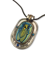 IRIDESCENT BLUE CICADA PENDANT SET IN STERLING SILVER,LAPIS, SLEEPING BEAUTY TURQUOISE AND GOLD FILL - 3MM SILVER WHEAT CHAIN 18"