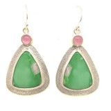 Variscite Earrings with Pink Spinel Accents. Pastel color combo of natural variscite from Utah. I cut all the stones to be mirror images of each other along with the hot pink spinels from Tajikstan. Fine silver and sterling silver components.