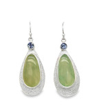 Prehnite and Tanzanite Earrings with textured silver. Cut these special shaped green prehnite gems from rough slab I acquired from Australia. 4mm Tanzanite gems accent the setting made with fine silver and textured sterling silver.