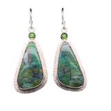Opalized Wood with Copper Veins Pendant. This really cool material comes from Indonesia and I cut these unique shapes with a bookend cut technique so the earrings are mirror images of each other. Look closely and you can see small veins of copper running throughout the stones. Set with peridot accents in sterling silver with fine silver bezels. Opalized Wood with Copper Veins Pendant. This really cool material comes from Indonesia and I cut these unique shapes with a bookend cut technique so the earrings are mirror images of each other. Look closely and you can see small veins of copper running throughout the stones. Set with peridot accents in sterling silver with fine silver bezels.