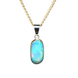 Opal Pendant in 22K Gold & Silver. I cut this very gemmy and bright Ethiopian Opal. Has tremendous sparkle and every color of the rainbow. 18” gold filled chain included. Opals naturally contain 4-10% water. It is not recommended to shower, wash, or expose opals to long periods of water contact. Opal Pendant in 22K Gold & Silver. I cut this very gemmy and bright Ethiopian Opal. Has tremendous sparkle and every color of the rainbow. 18” gold filled chain included. Opals naturally contain 4-10% water. It is not recommended to shower, wash, or expose opals to long periods of water contact.