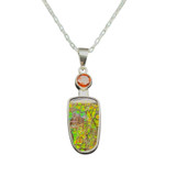 Ammolite Pendant with Madera Citrine.
I cut this fossil shell from Canada and covered it with crystalline quartz cap for durability. It is accented with a very high quality Madera Citrine from Brazil. Set in fine silver with sterling silver components and 18” chain is included. Ammolite Pendant with Madera Citrine.
I cut this fossil shell from Canada and covered it with crystalline quartz cap for durability. It is accented with a very high quality Madera Citrine from Brazil. Set in fine silver with sterling silver components and 18” chain is included.