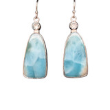 Larimar Earrings with Blue Topaz.
I cut these high-quality matching pair of Larimar using a butterfly technique where the stones are mirror images of each other. This stone comes from the Dominican Republic and is paired with Brazilian blue Topaz accents in fine silver and sterling silver components.
